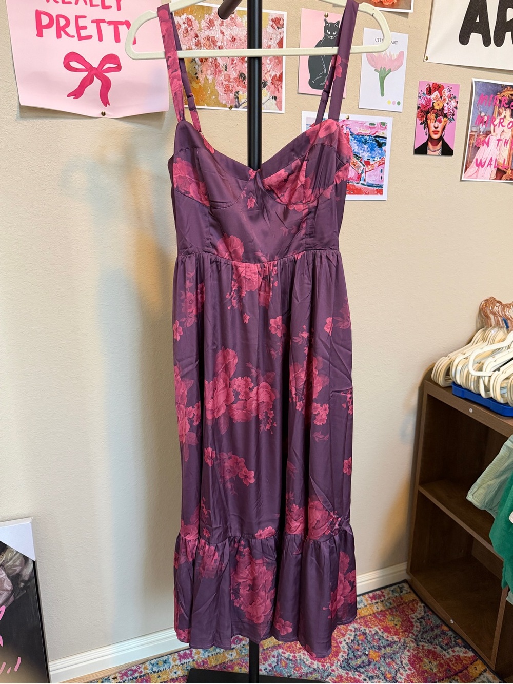 NWOT Lovely Day Purple Floral Satin Bustier Midi Dress L